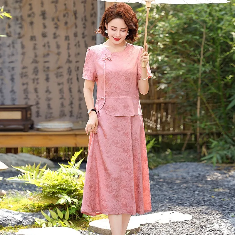 

Female Solid Color Floral Mulberry Silk Midi Dres Summer Elegant Patchwork Dress Vintage Casual Party Dresses