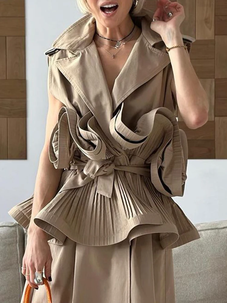 TWOTWINSTYLE Solid Designer Patchwork Lace Up Shirt For Women Lapel Sleeveless Spliced Folds Temperament Blouses Female Style