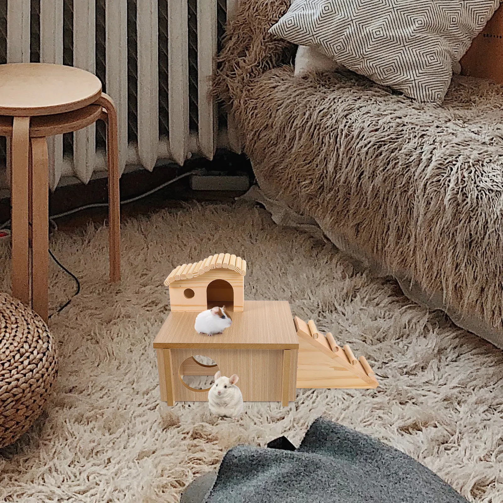 

1Set Wooden Hamster Hideout House with Ladder Platform for Climbing Exercise Warm Cool Natural Safe Bite-Resistant Pet