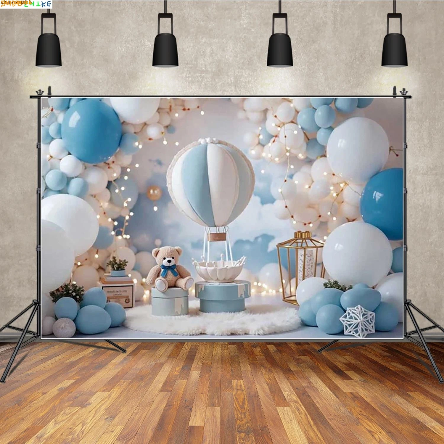 

Children Baby Photo Studio Photography Backdrop Hot Air Balloons Teddy Bear Gift Clouds Star Decor Photoshoot Background