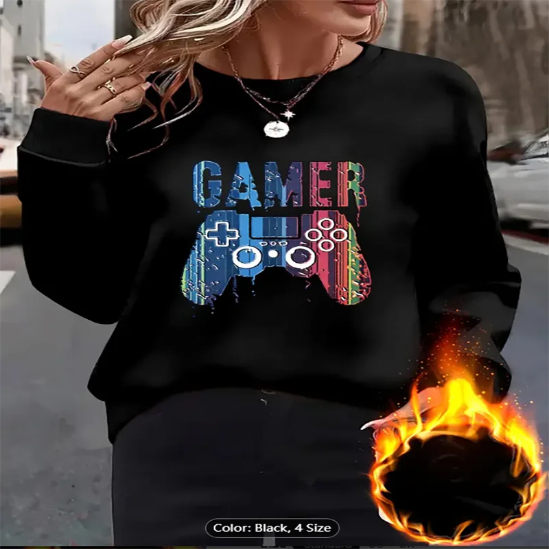 

Женская абрикосовая толстовка с графическим принтом и флисовой подкладкой, повседневный пуловер большого размера для любителей стиля геймера