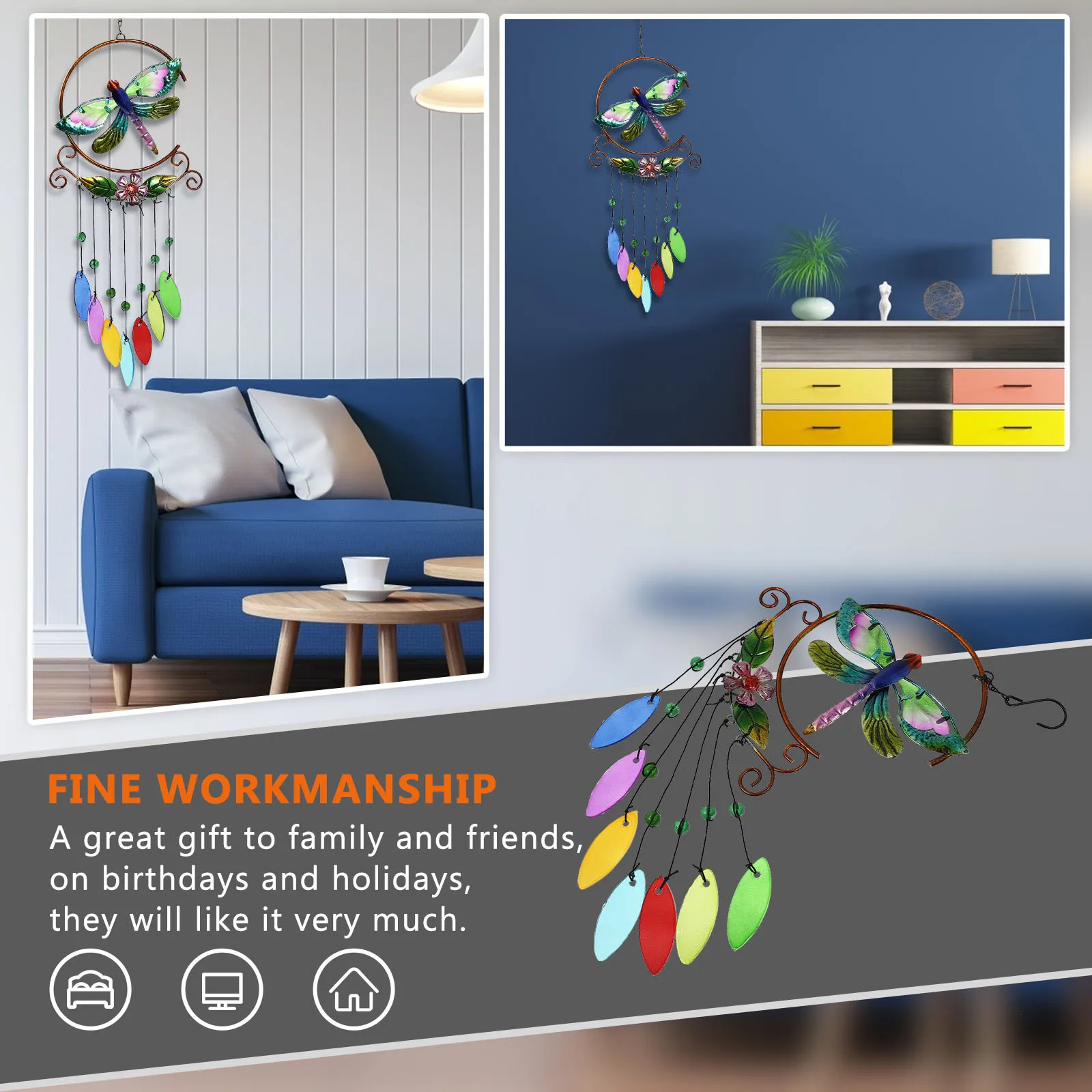 

1Pcs Metal Dragonfly Wind Bell Creative Glass Sheet Pendant Iron Art Decoration Outdoor Garden Home Wind Chime
