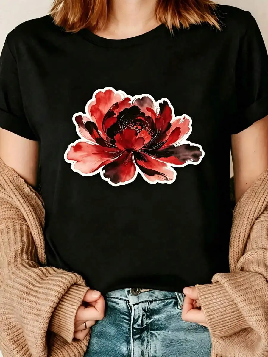Women's Preppy Floral Graphic Tee Red Peony Print Crewneck Short Sleeve Casual Top Spring Summer Gift For Her Flower Lover Gift Idea