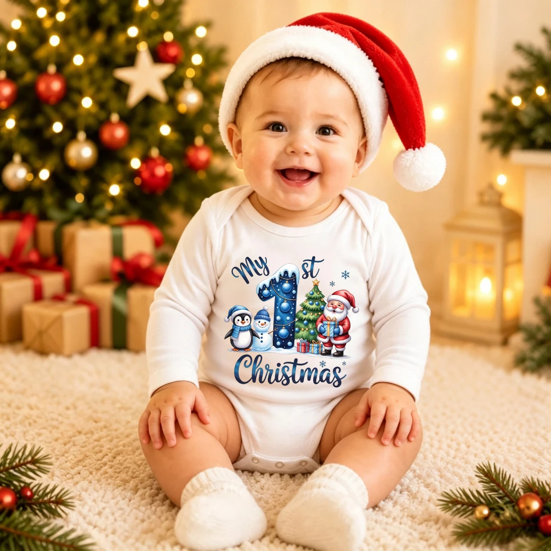 My 1st Christmas Baby Bodysuit Short Sleeve Newborn Romper Santa Penguin Snowman Print Infant Jumpsuit Boys Girls Xmas Outfit