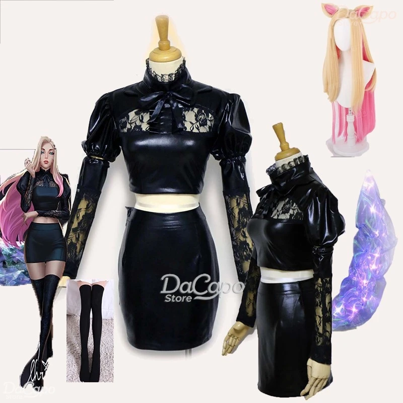 Game LOLl Ahri KDA The Baddest Cosplay Costume Wig Ears Anime The Nine Tailed Fox Tail Sexy Woman Outfit Halloween Black Uniform view 2