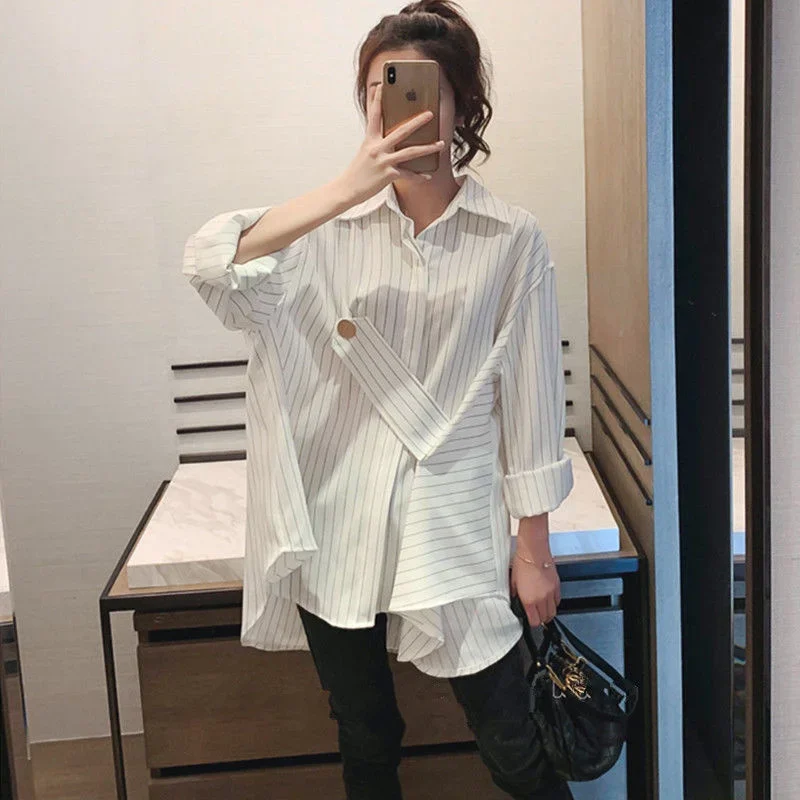 

Spring Women Striped Irregular Shirt Design Korean Lady Temperament Mid-length Blouse Vintage Button Loose Casual Streetwear Top