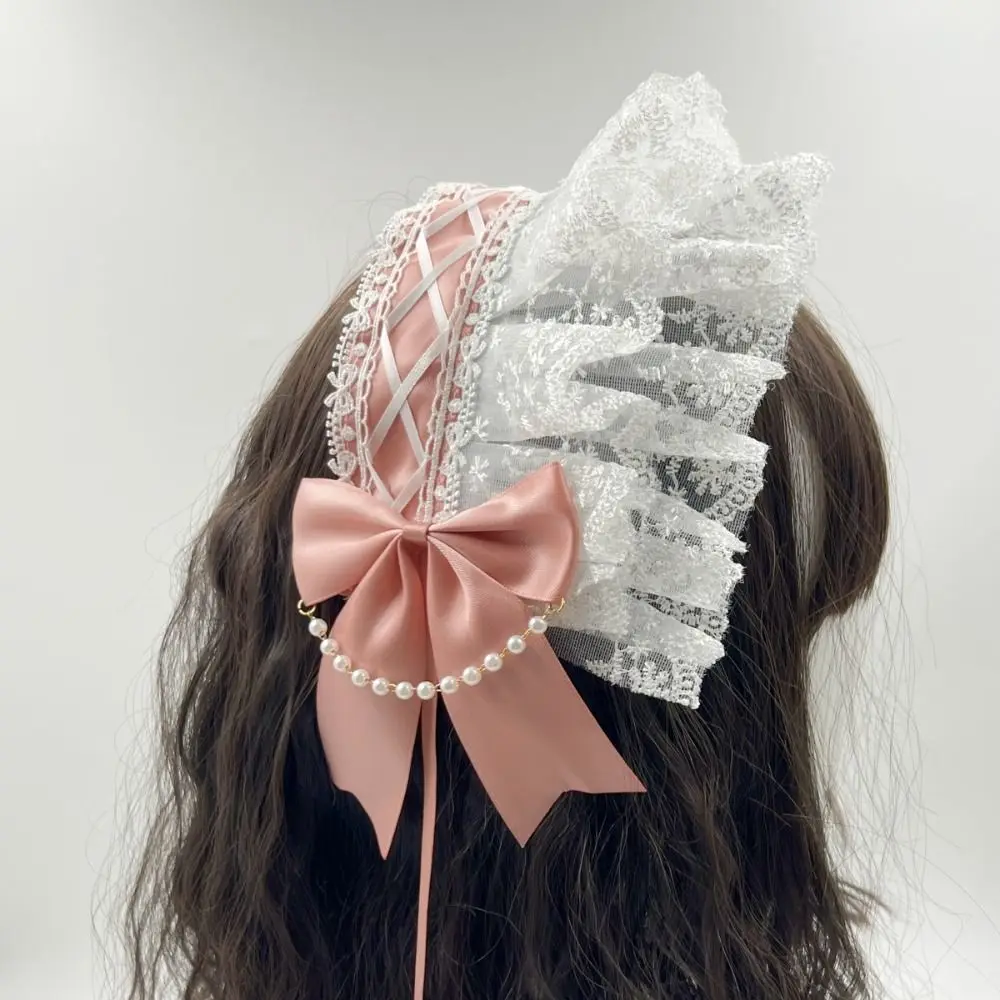 

Cute Sweet Lolita Lace Headband Ribbon Bow Pearl Ruffled Hairband Hair Accessories JK Lolita Hair Clip Masquerade Headpiece
