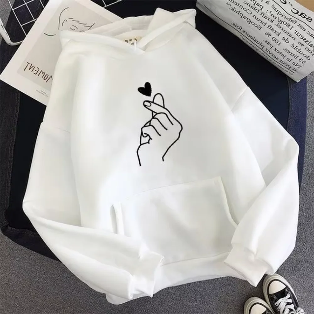 جديد بلون اليد إصبع القلب الكورية الأزياء الصوف هوديي مع جيوب الرباط طويلة الأكمام فضفاضة البلوز لخريف #1