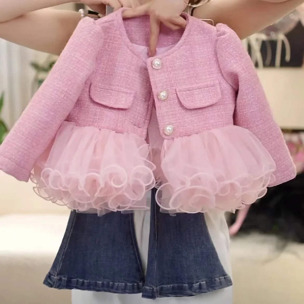 Girls Spring and autumn small fragrant coat female treasure foreign style jeans bell bottoms children princess style coat 2 set