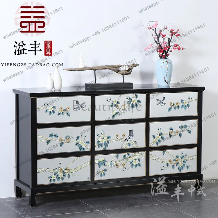 LS new Chinese solid wood painted storage decorative cabinet retro pastoral painted storage multi-pump cabinet