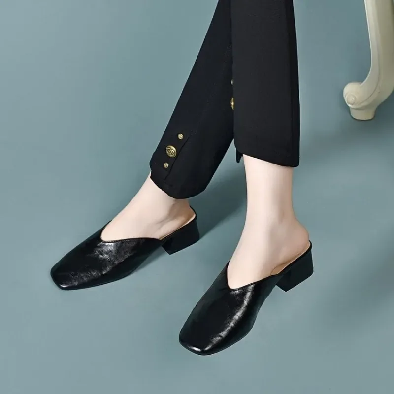 Women's Retro Square-Toe Chunky Heel Mules, Soft Leather Comfortable Slip-On Sandals, Suitable for Daily and Office Wear view 2