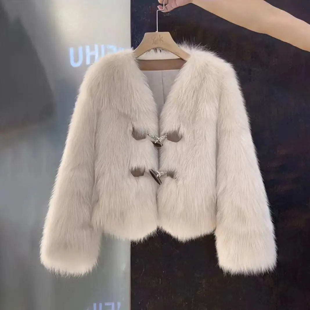 Versatile Faux Fox Fur Top Coat Short Horn Buttons New V-neck Coat New Kawaii Korean Furry Jacket Streetwear Clothes Overalls
