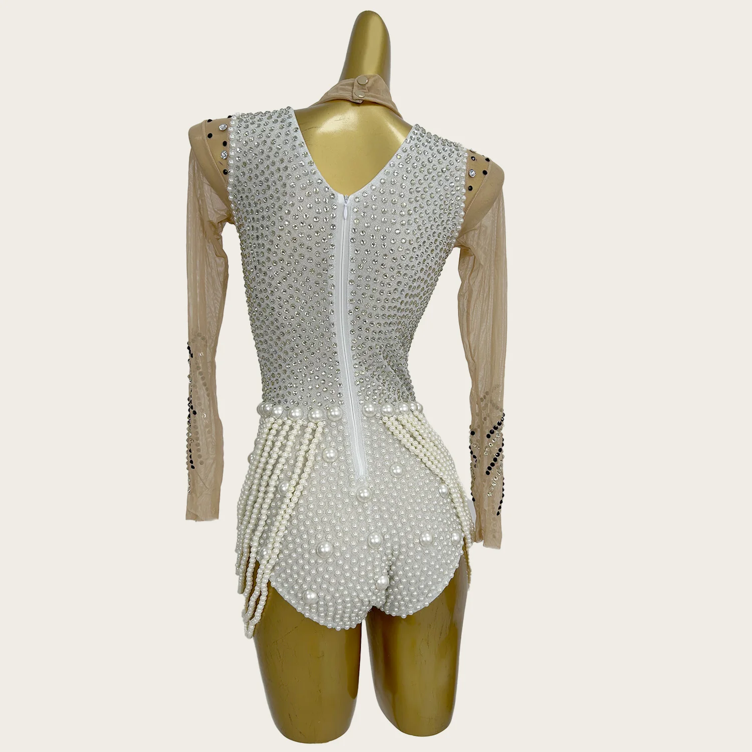High-end Luxury White Pearls Beading Bodysuit Costume Party Drag Queen Performer Wear Club Dance Women Mesh Catsuit Zhujiang