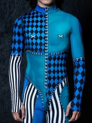 Clown Adult Robot Cosplay Jumpsuit Men Colorful Colorblock Print Catsuit Holiday Masquerade Party Zentai Suit Unique Rave Outfit