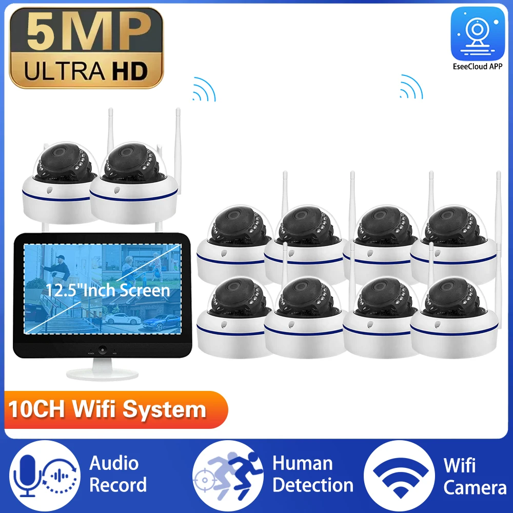 

12.5 Inch 10CH Wireless NVR Kit Built-in Screen 5MP Outdoor WIFI IP Security Camera Smart Video Surveillance CCTV Dome System
