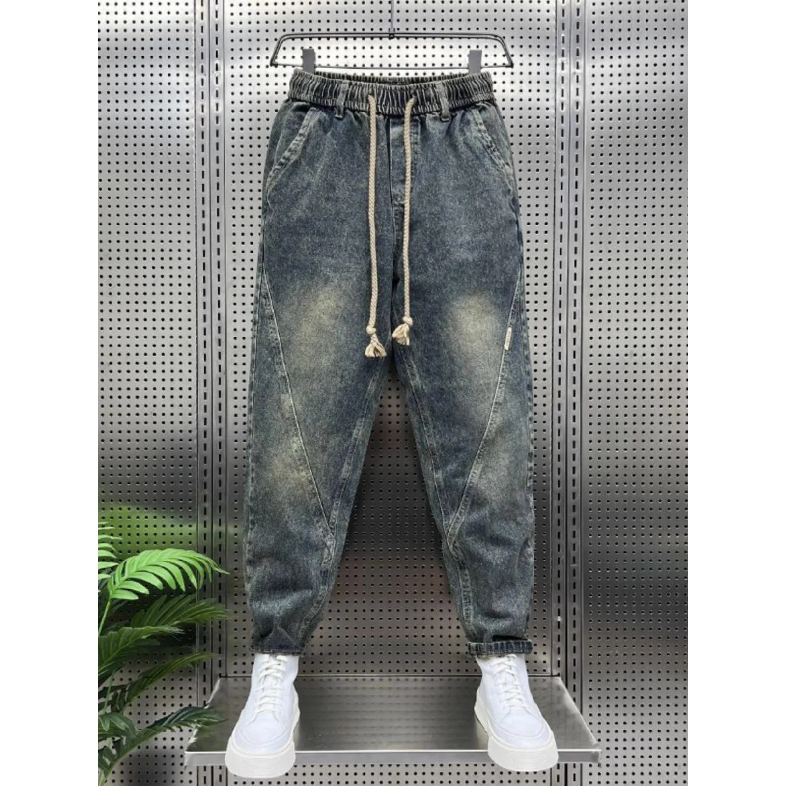 

Loose Harlan Jeans Men's plus Size Elastic Waist Patchwork Cuffed Denim Pants Autumn Winter Vintage Sle Polyester Fabric