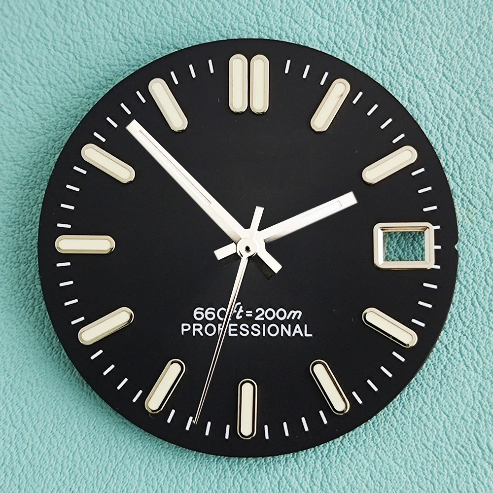 

NH35 28.5MM NH35 Watch Dial Replacement Part Single Date Window Silver Index Markers with Green Luminous for NH35 NH36 Movements