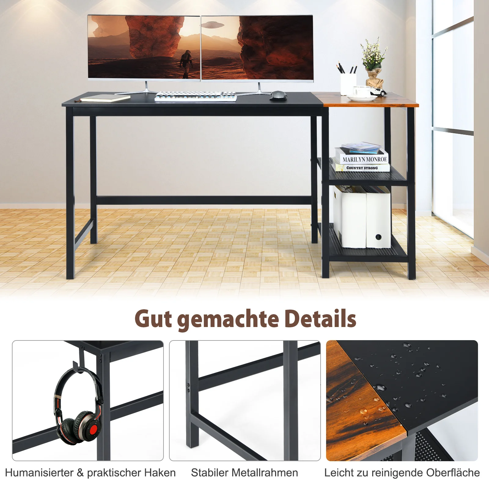 Computer table 150cm desk with removable storage compartments industrial laptop desk with headphones hook steel