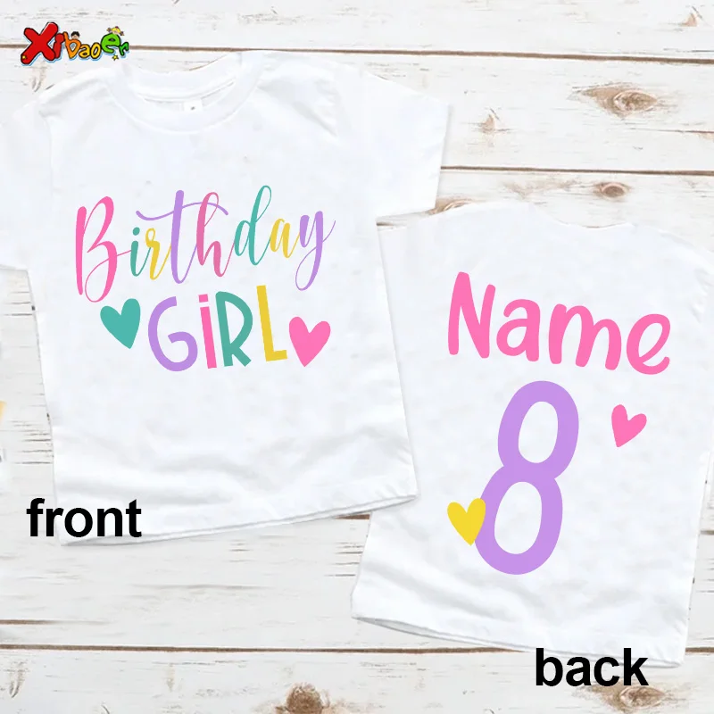 Girl Birthday T Shirt Party Outfits for Kids Custom Name Shirts Baby Girl Clothing Heart T-shirt Kids Clothes 8th Birthday Girls