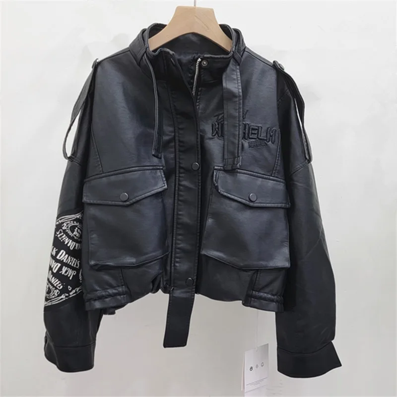 2025 European and American fashion retro motorcycle leather jacket with letter print high waist slimming jacket new style