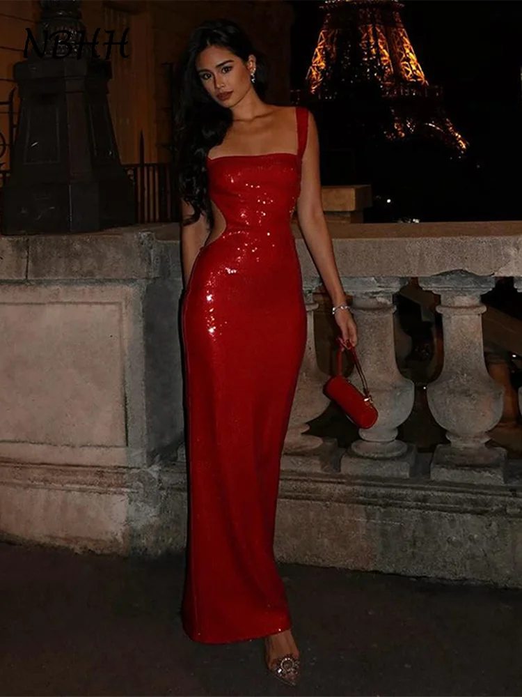 Christmas Party Sequins Sling Long Dresses Women Slim Square Collar Sleeveless Hollow Out Backless Split Dress Sexy Evening Gown