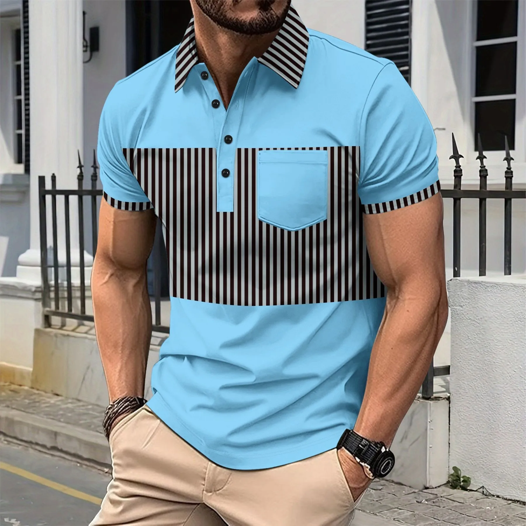 

2025 New Men's Casual Polo Shirt with Pocket Buttons, Long Placket, Lapel, Striped Color Combination T-shirt