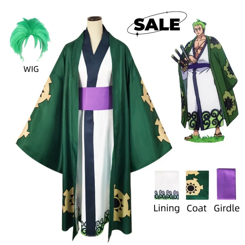 Green Roronoa Zoro Kimono Cosplay Anime Uniform Costume for Halloween Adult Suit Lining Wig Outerwear Girdle Disfraz Halloween