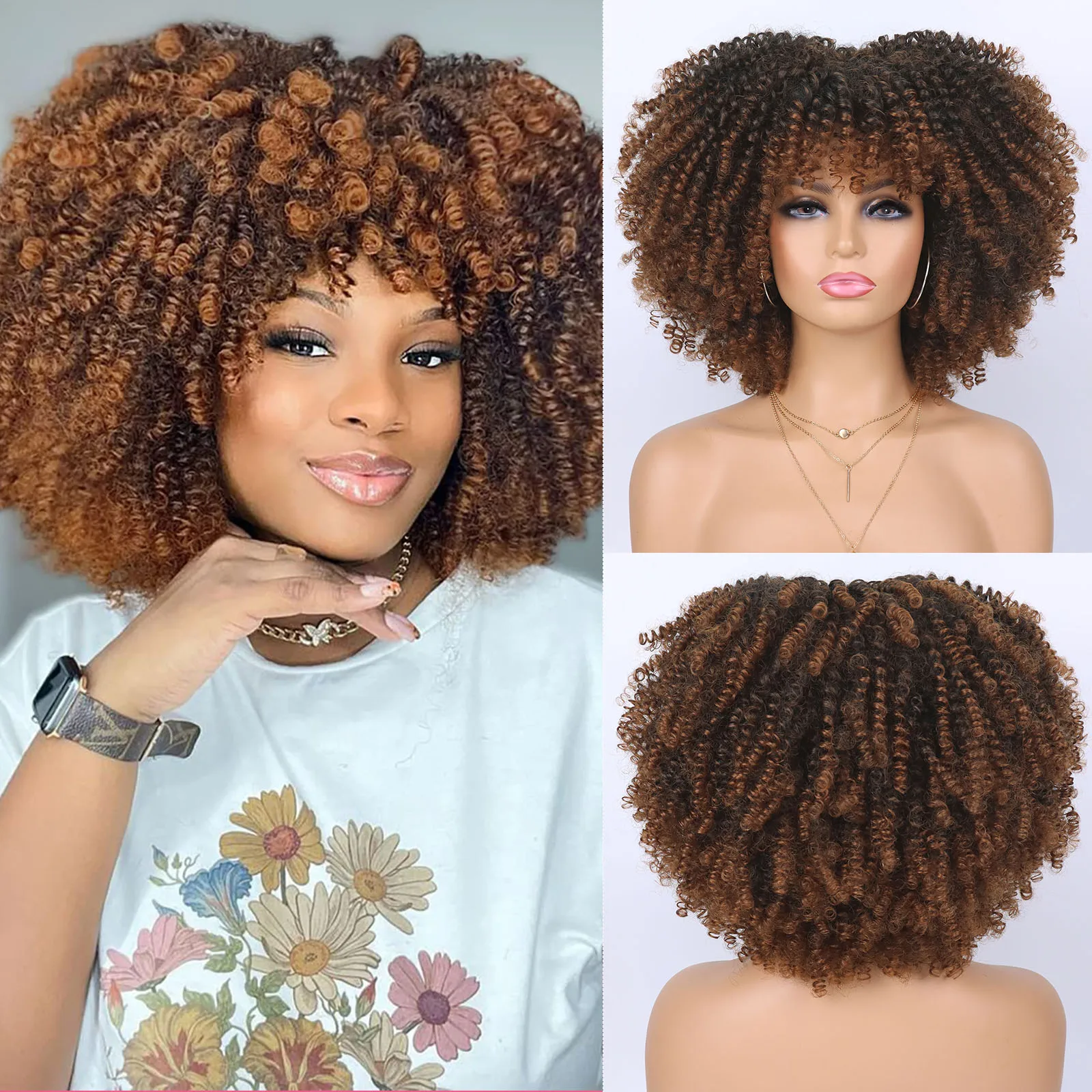 Tereshar Synthetic Short Curly Wigs for Black Women Afro Wig With Bangs,Blonde Ombre Brown Afro Wig, Short Afro Kinky Curly Wig