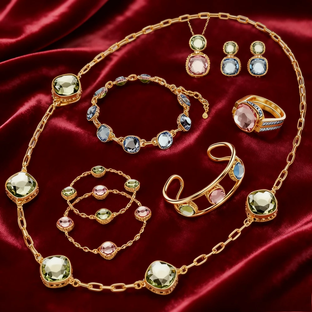 

2025 trendy accessories Exquisite Reversible Square Cut Crystal Bracelet Necklace Earrings Ring Women Jewelry Set Party Gift