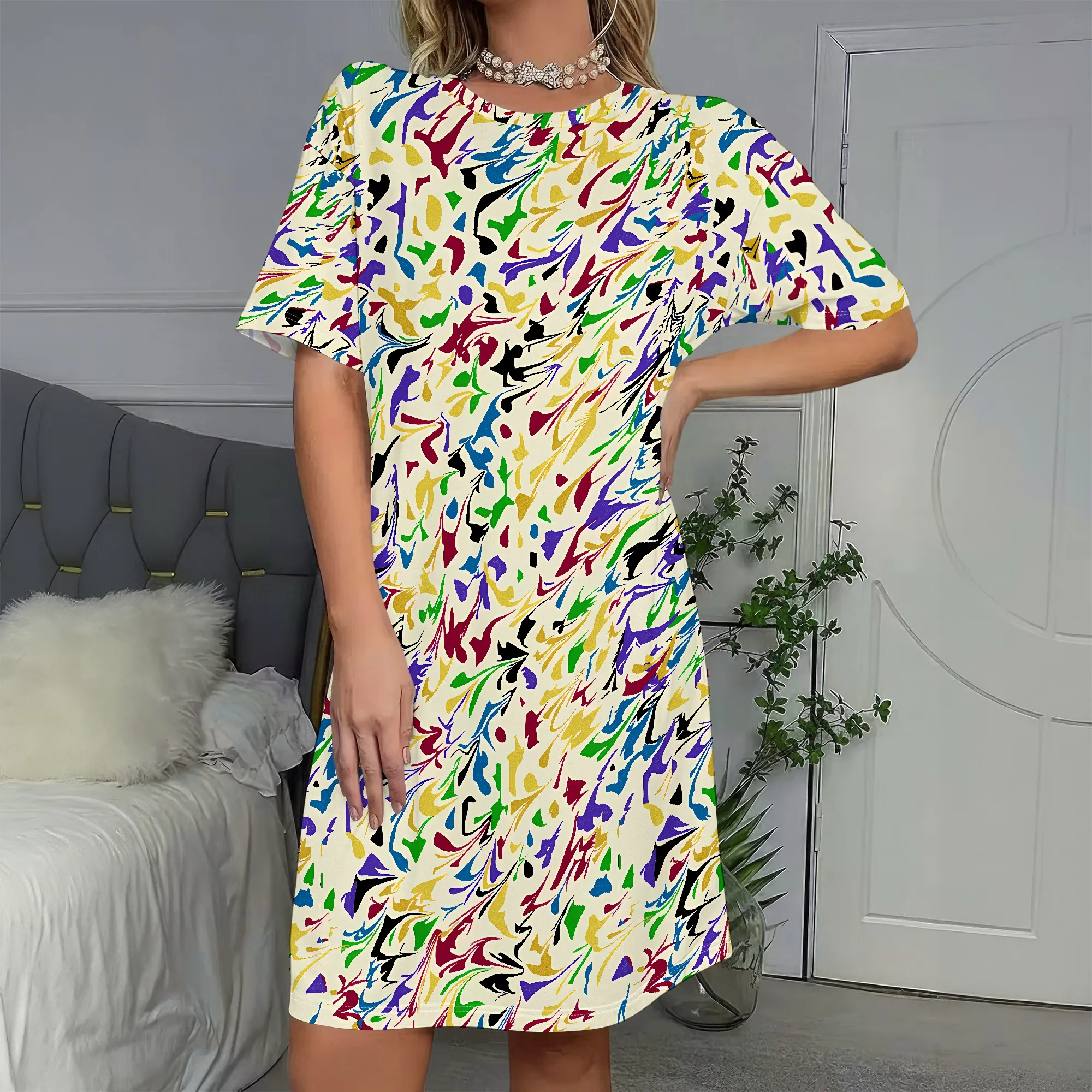 

Abstract Art Print, Short Sleeve Dress, Colorful Swirl Pattern, Casual Summer Wear, Beach Party Outfit, S-2XL