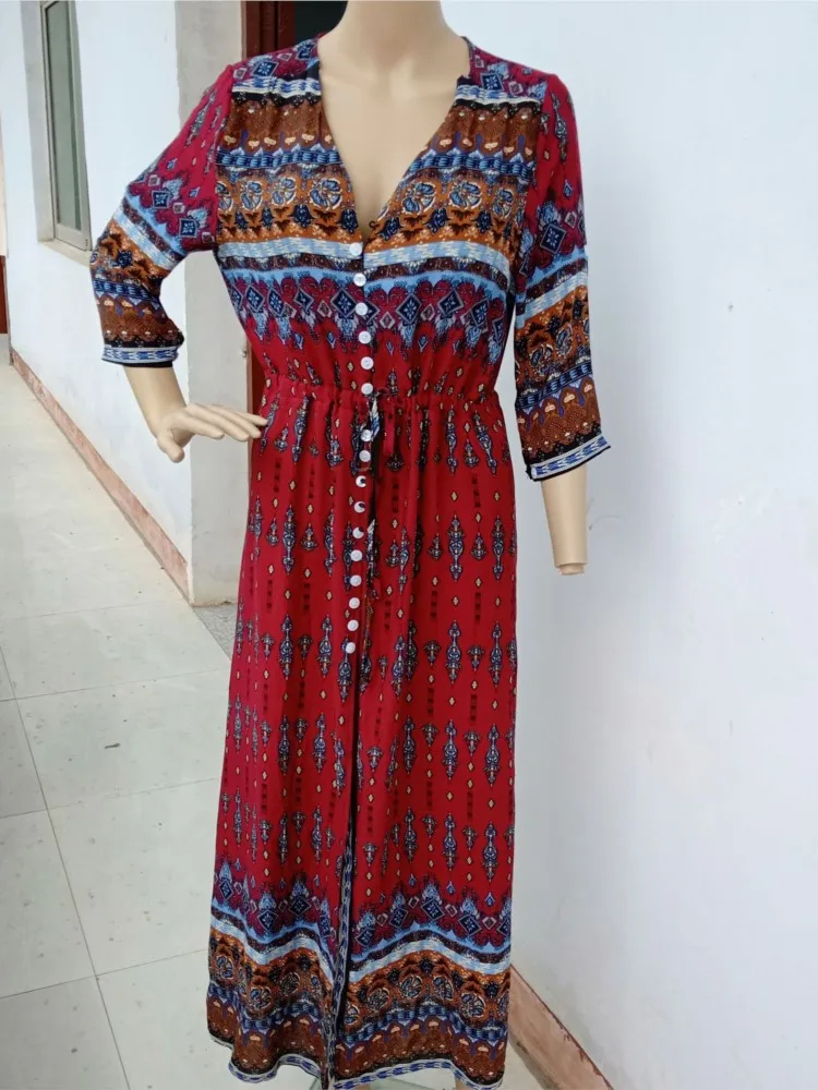 Vintage Boho Printed Long Dresses Women Summer Fashion New Casual Shirt Dress 3/4 Sleeve V- Neck Split Beach Holiday Maxi Dress