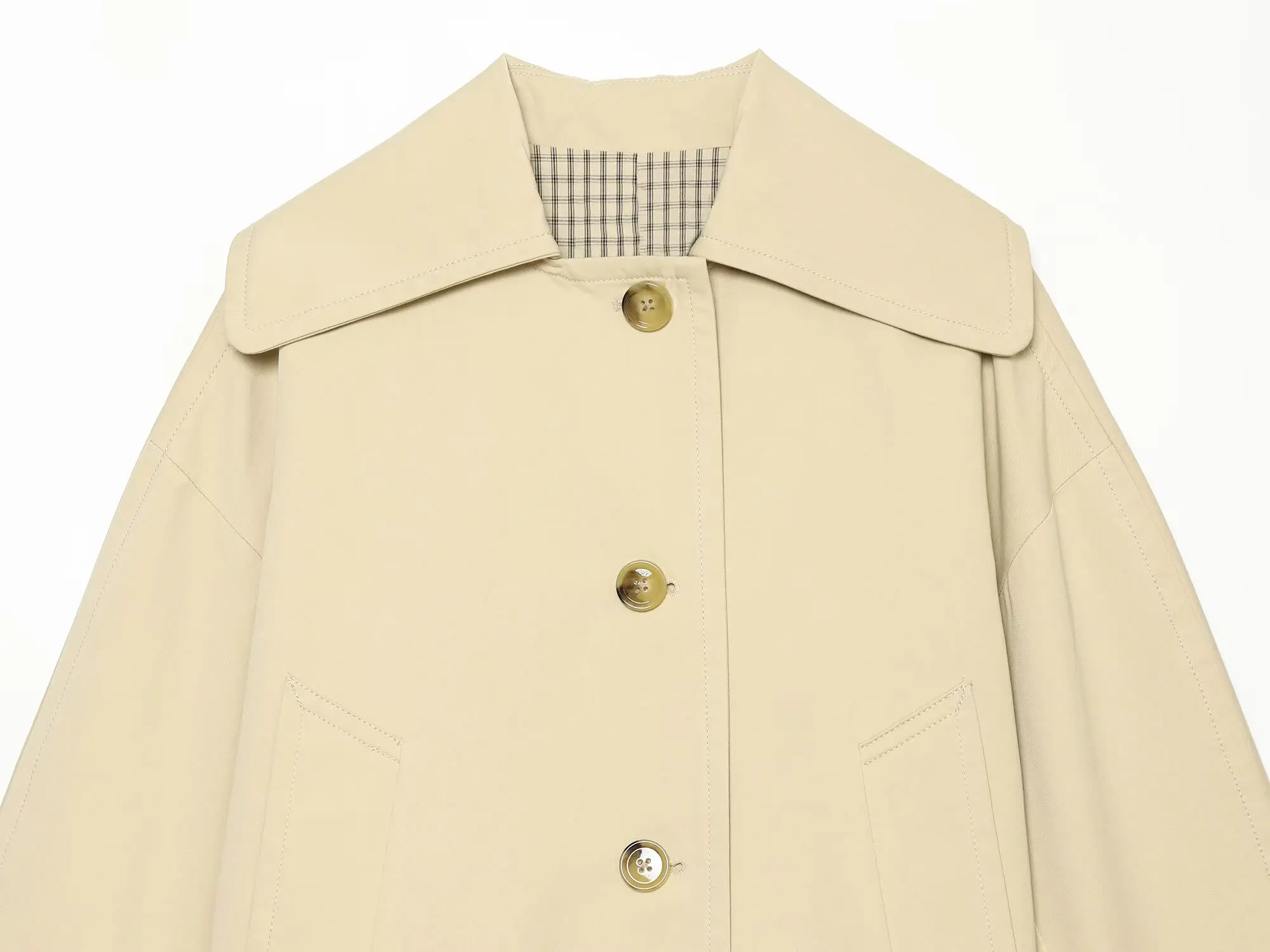 BSAY Damen-Trenchcoat im britischen Stil, kurz geschnitten, mit breitem Revers, einreihig, Knopfverschluss vorne, locker geschnitten, lange Ärmel, gefüttert, lässige Oberbekleidung – Detail 10