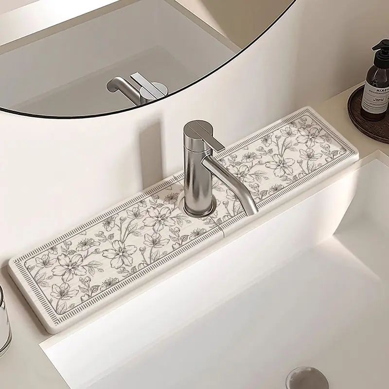 VIKAMA Long Waterproof Sink Mat Sketch Floral Water Absorbent Bathroom Kitchen Faucet Drying Counter Pad Home Decor