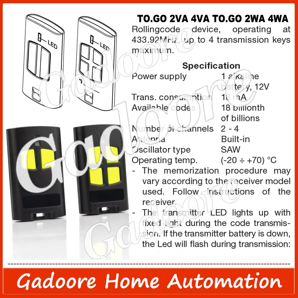 Gadoore TO.GO 2VA 4VA 2WV 2WP Garage Door Remote TO.GO 2VA TO.GO 4VA 433MHz Compatible with BENINCA TO.GO 2VA 4VA 2WV 2WP