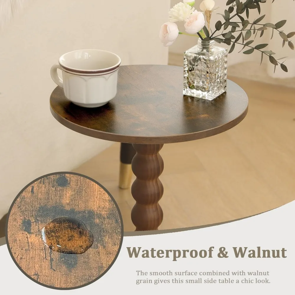 Modern Round Side Table with Solid Wood Legs, Compact Drink Table for Living Room, Bedroom, Office - Rustic Brown