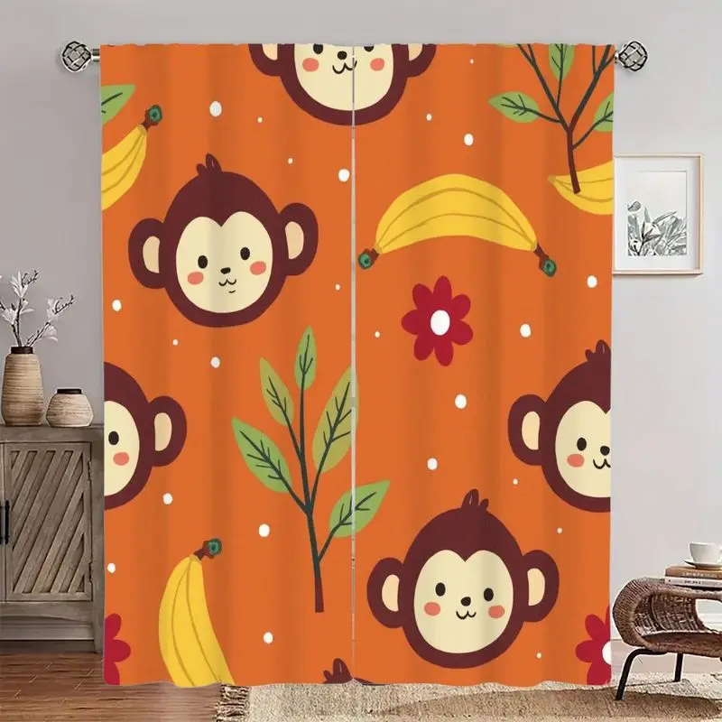 Orange monkey banana green leaf flower printed curtains, with a pole bag design, suitable for bedrooms, living rooms and offices