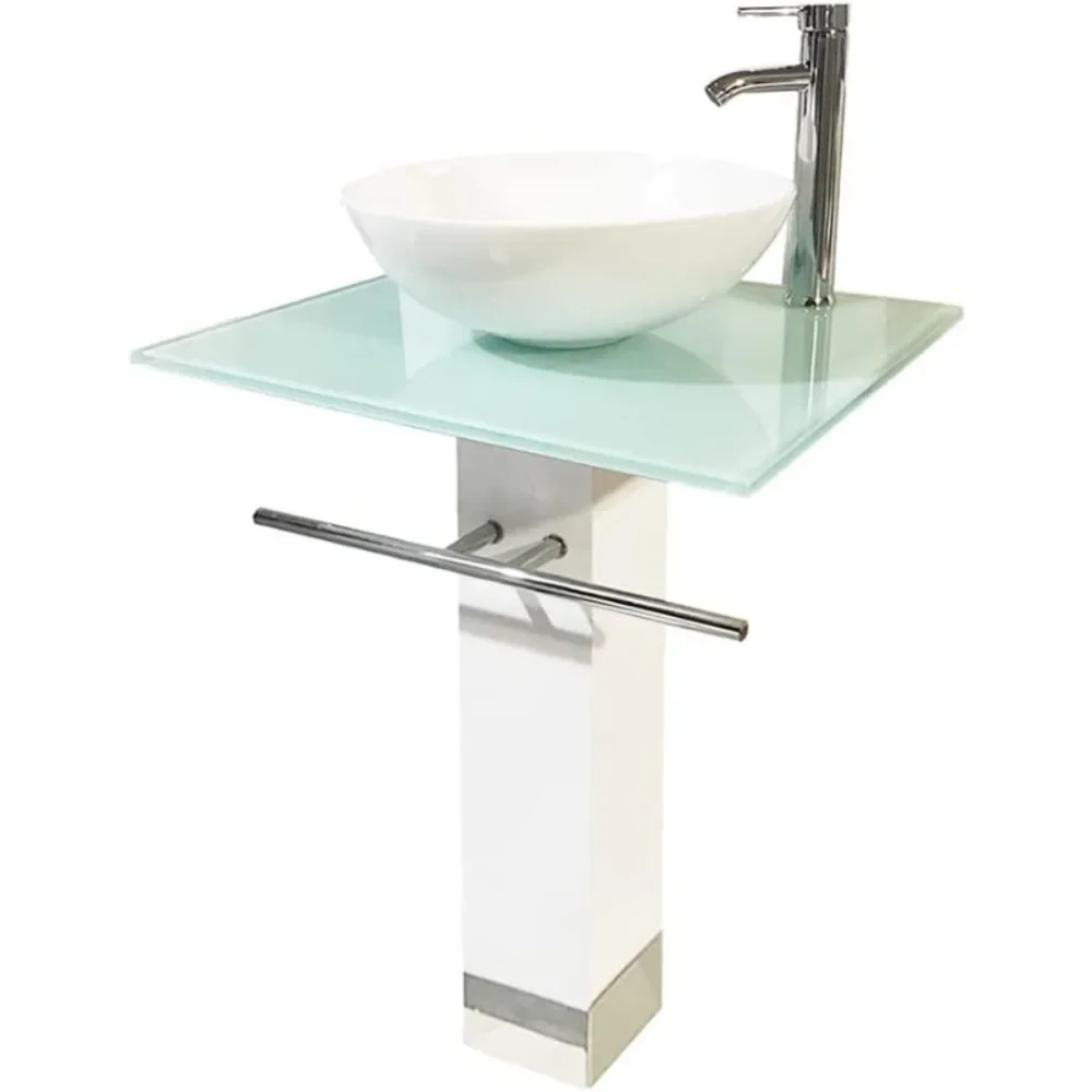 

Modern Glass Pedestal Sink,Stylish Painted Glass Countertop Bathroom Vanity Combowith Ceramic Vessel Sink,Wood Pedestal Solution