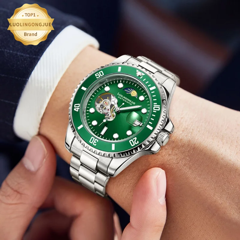 Luolingongjue Green Water Ghost Watch Men\'s Mechanical Watch Fully Automatic Hollow Calendar Moon Phase Stainless Steel Strap Role Black Submariner