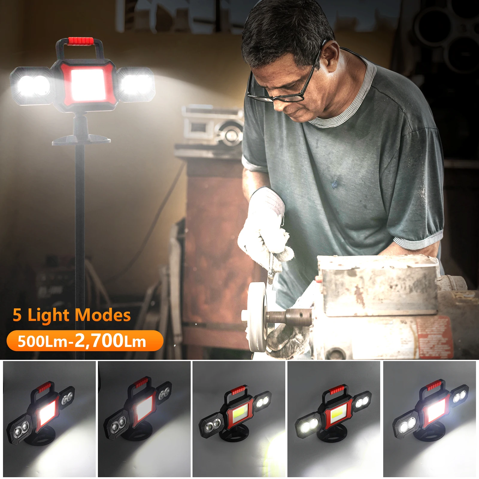 Rechargeable Work Light 25W 2700LM COB LED Magnetic Work Light with Battery Portable Waterproof Cordless Job Site Lighting