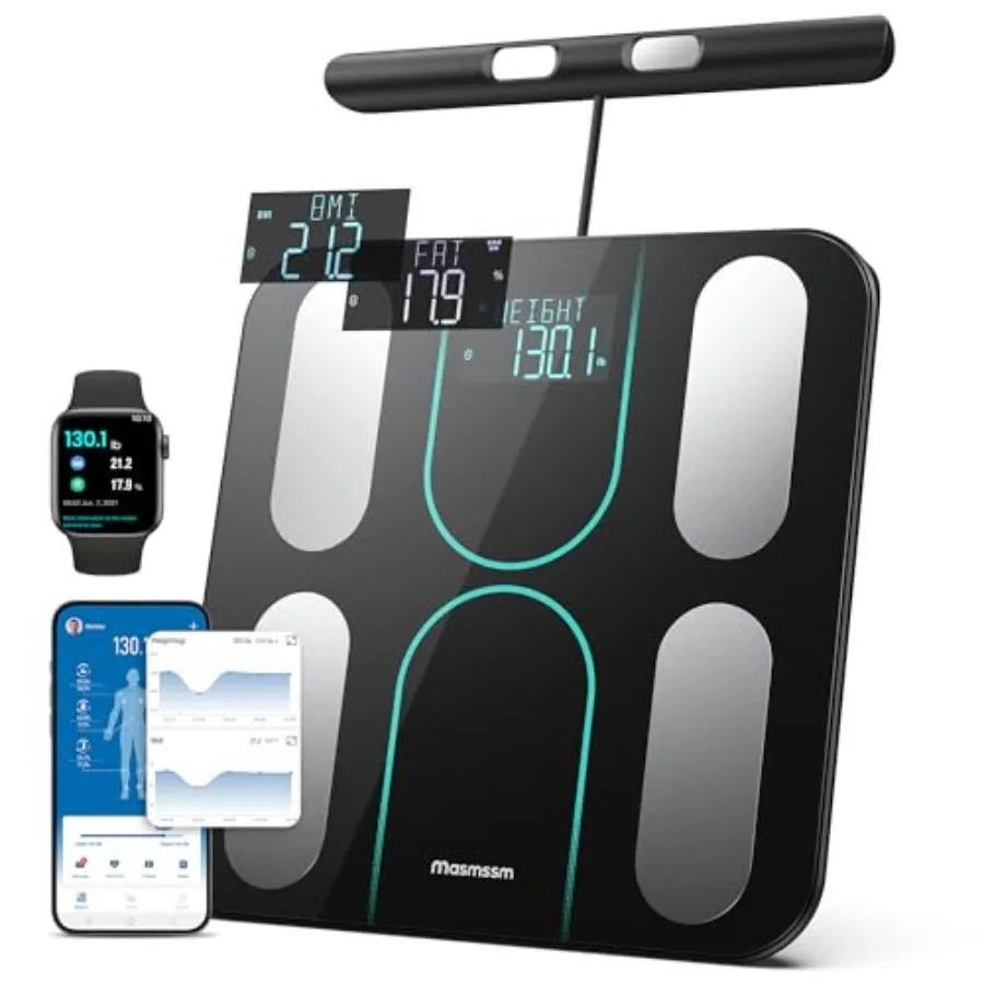 

Smart Scale for Body Weight and Fat 8-Electrode Full-Body Composition Scale with Handle Dual-Frequency BIA 28 Body Metrics High