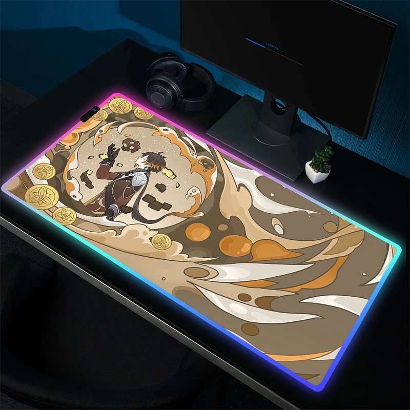 ZHONG LI Genshin Impact Gaming Mouse Pad With Backlit RGB Mouse Mat Large Non-Slip Mousepad Gamer Rubber Computer Keyboard Mat