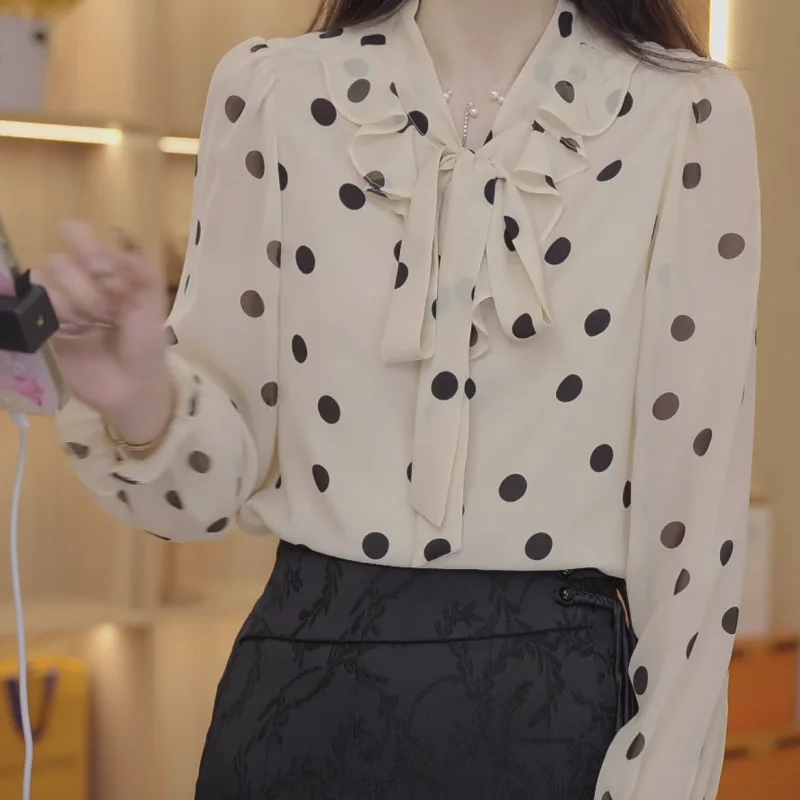 

Элегантная свободная блузка в горошек со шнуровкой и бантом, весна-осень, новая винтажная рубашка с длинными рукавами и принтом, топы, повседневная модная женская одежда