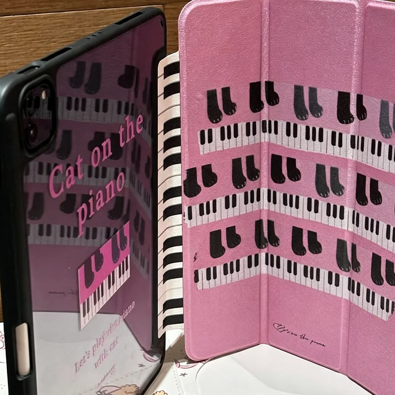 Korean Cat Claw Piano Keys Pink Tri-Fold Cover For iPad Pro 13 11th M5 M4 12.9 A16 10 8 7 9th 10th Air11 M2 M3 Mini Tablet Case