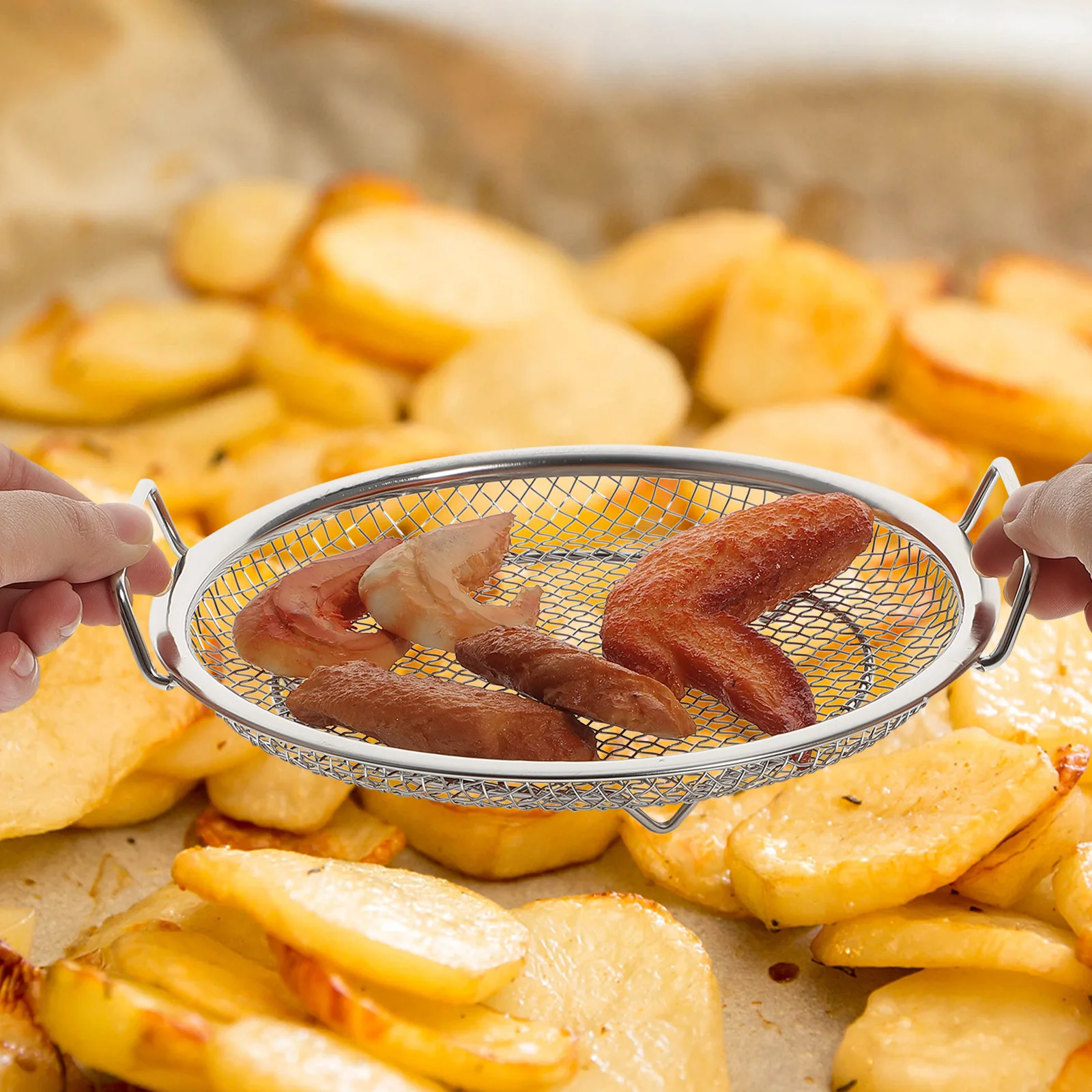 

1 set Stainless Convenient Fruits Plate Drain Tray Frying Net 22CM Oil Filter Basket Snack Dish Fruit Plate Kitchen