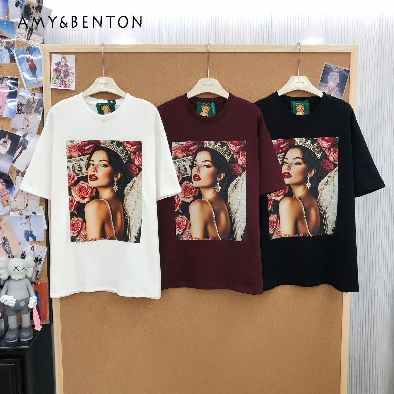 

Женская футболка в корейском стиле ретро, модная, с объемным принтом из стразов, свободного кроя, из хлопка, с коротким рукавом