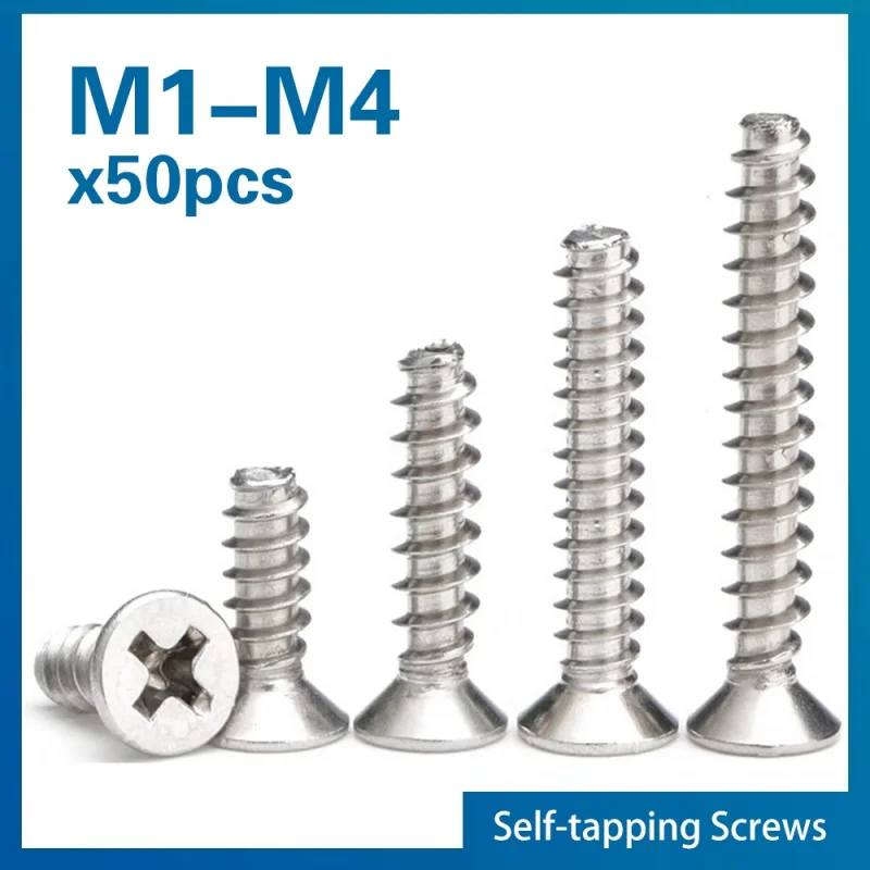 50PCS/Lot 304 Stainless Steel Cross Countersunk Head Self-Tapping Screws M1.7-M4 Phillips Flat Head Fasteners