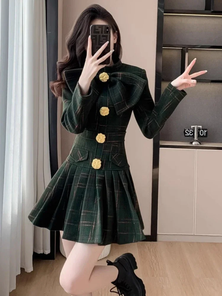 

New Autumn/Winter High end Luxury Mature Style Big Bow Short Checkered Wool Dress for Women Waist Slimming A-line Short Dress