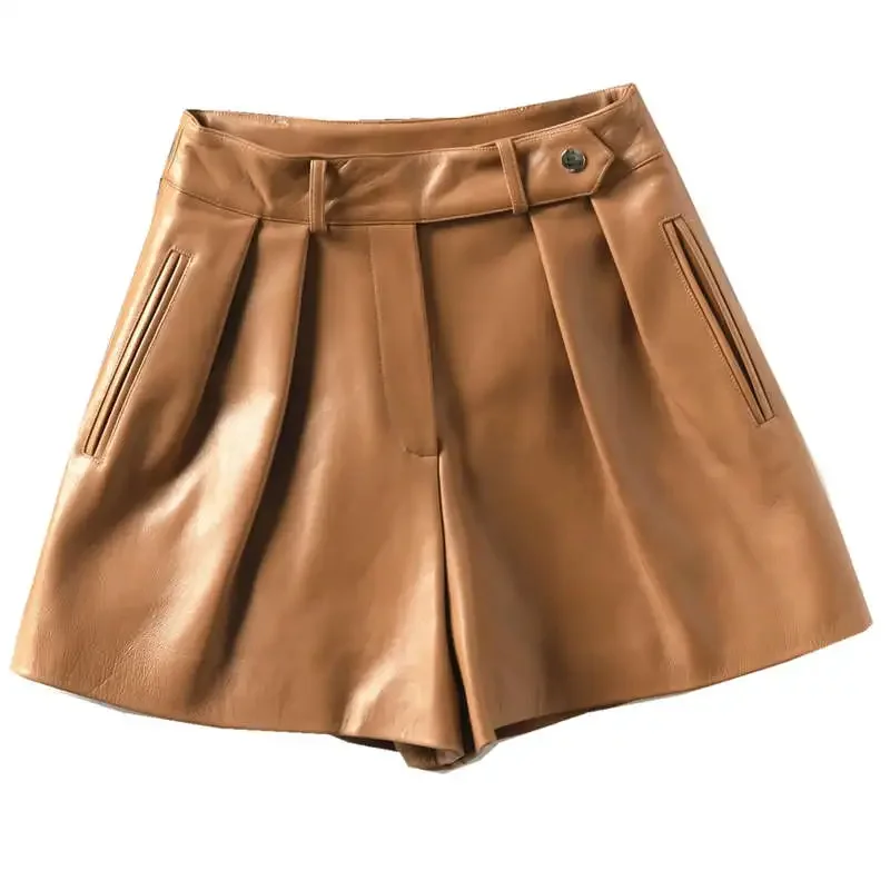 Black Khaki Real Leather Shorts Women Pockets Wide Leg All-Match Spring Fashion Female Sheepskin High Waist Shorts Women C8100