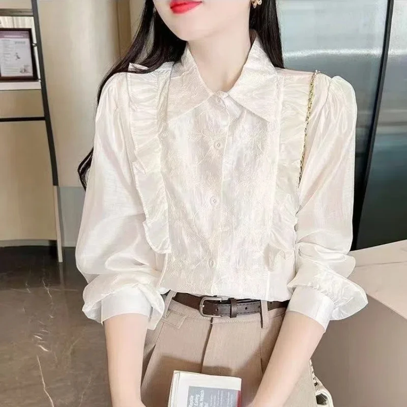 Spring and Autumn Women New Stitched Polo Collar Button Lace Fashion Solid Color Loose Minimalist Casual Long Sleeve Shirts