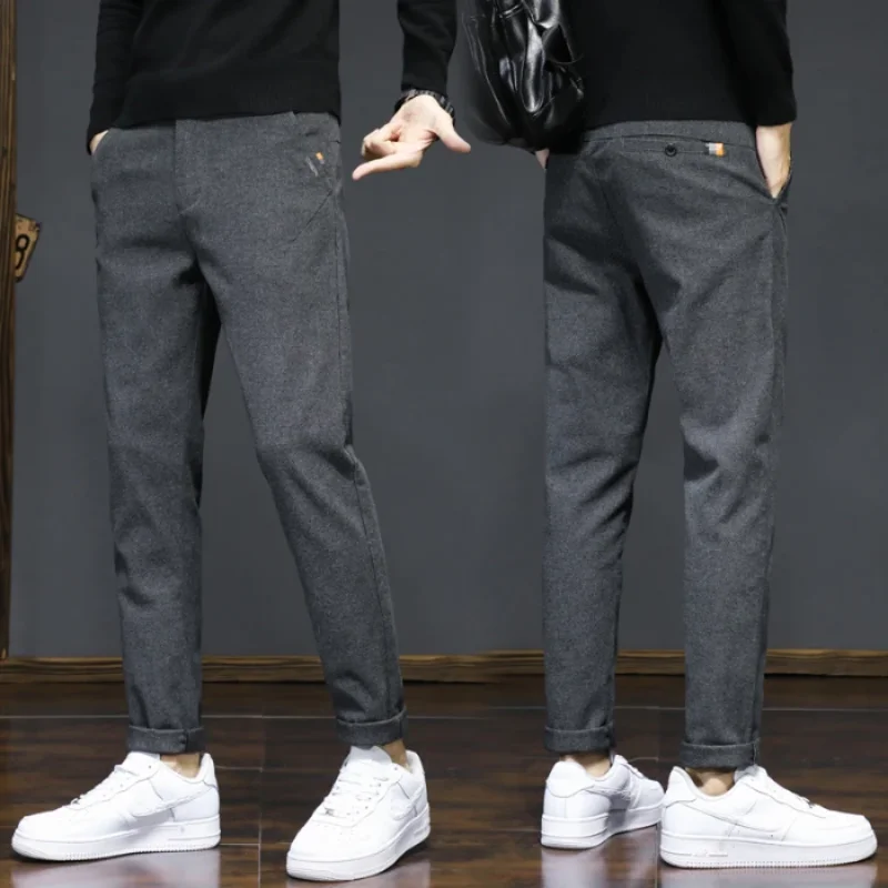 

2024 New Warm Winter Men Thick Wool Fabric Fleece Casual Pants Men's Slim Straight Trousers Plus Velvet Loose Elastic Trousers